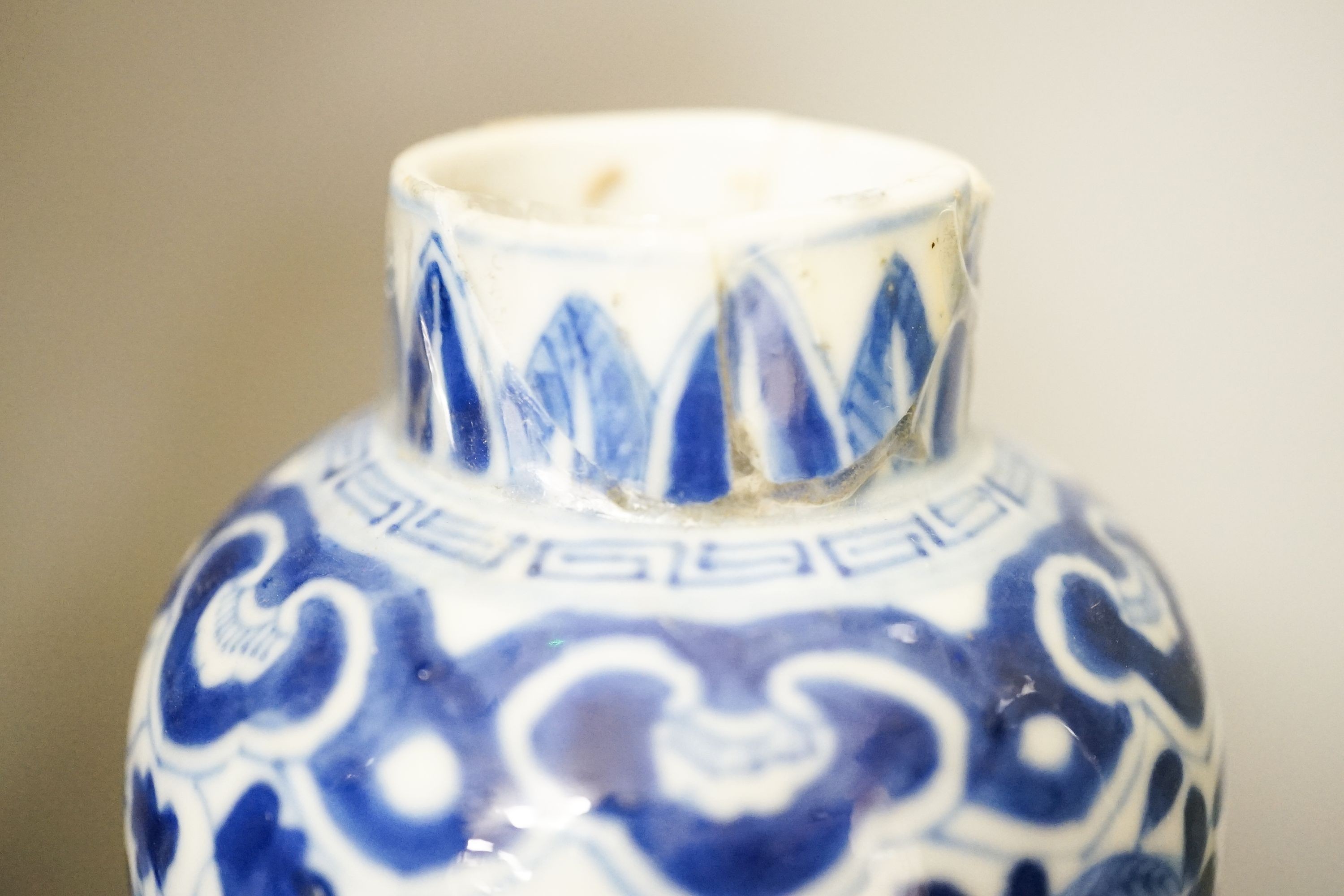 Two Chinese blue and white vases and a slender crackle glaze vase, Qing and later 30cm